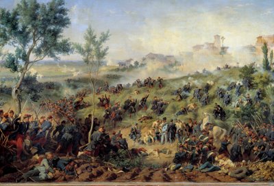 モンテベロ・ディ・カステジオの戦いの眺め 1859年05月20日 フランスがオーストリア軍に勝利する。Henri-Felix-Emmanuel Philippoteaux（1815-1884）による絵画 1862年。薄暗い。1x1.5m パリ、Musee de l