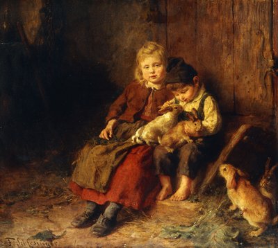 ウサギと遊ぶ二人の子供、 作： Felix Schlesinger