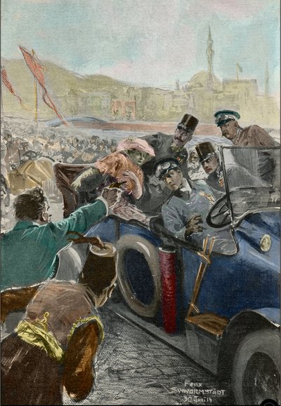 サラエボでのフランツ・フェルディナンド（1863-1914）オーストリア大公とその妻ソフィーの暗殺事件（彫刻）。 作： Felix Schwormstadt