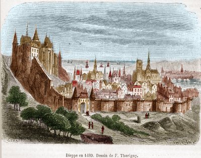 1489年、ノルマンディー地方にある城のあるディエップの街（セーヌ・マリタイム）（76）。 作： Felix Thorigny