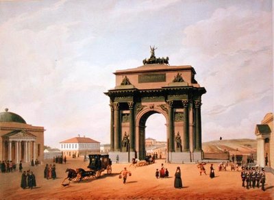 モスクワのトヴェルスカヤ広場にある凱旋門、1840年代、パリ、ルメルシエによって印刷 作： Felix after Benoist