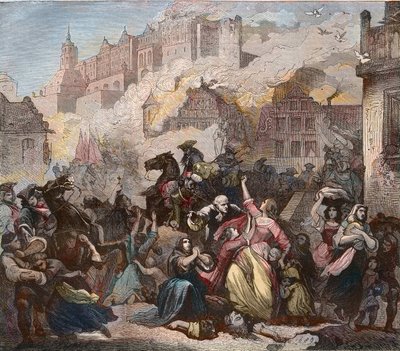 エチエル・メラック将軍率いるフランス軍によるハイデルベルクの破壊（1689年3月2日） - ハイデルベルク城の火災 - 1689年 - 九年戦争 - 大同盟戦争 - アウクスブルク同盟戦争 - 「Gのフランス軍が爆撃したハイデルベルク城の火災」。 作： Feodor (after) Dietz