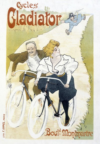 警官に追われる自転車カップル - Gladiator Cyclesの広告, by Misti, v.1895 作： Ferdinand  Misti Mifliez