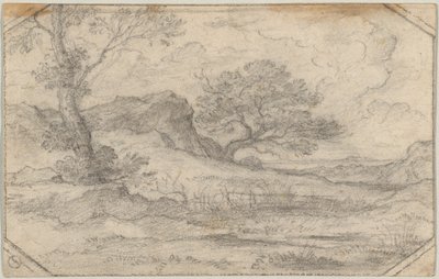 2 本の木と岩山塊の理想的な風景 作： Ferdinand (Johann Heinrich Ferdinand) von Olivier