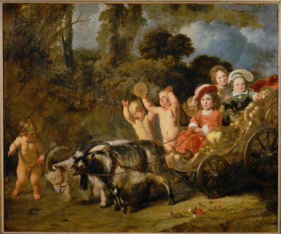 ヤギに引かれた馬車に乗った貴族の子供たち（キャンバスに描かれた絵） 作： Ferdinand Bol