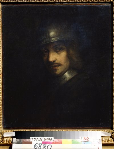 ""Portrait of a man with helmet"" (ヘルメットをかぶった男の肖像) フェルディナンド・ボル (1616-1680) による絵画 17 世紀 国立美術館、トゥーラ、ロシア 作： Ferdinand Bol