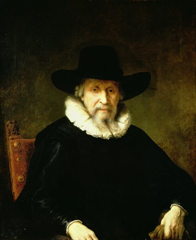 広いつばの帽子をかぶったラフと暗い服を着た紳士の肖像画 作： Ferdinand Bol