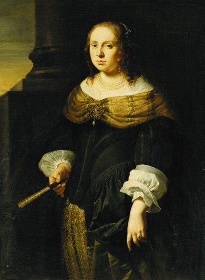 ポーチコで、黒と緑のドレスを着て、ファンを抱えて、長さ4分の3の女性の肖像画、 作： Ferdinand Bol
