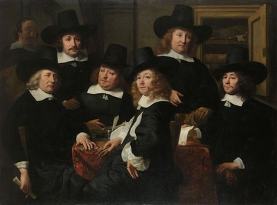 1657年、アムステルダムの貧しい人々の屋外救済のための6名の摂政者とニーウザイデスインスティテュートのビードル 作： Ferdinand Bol