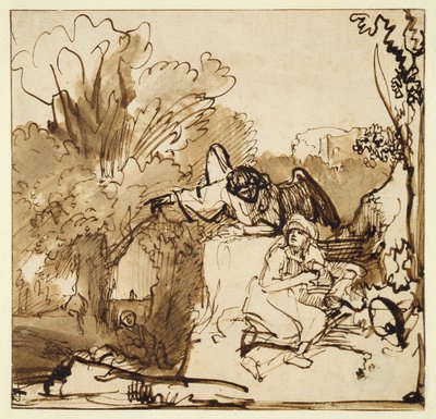 ハガルとイシュマエルに現れる天使（ペンとインクと紙の上で洗う） 作： Ferdinand Bol