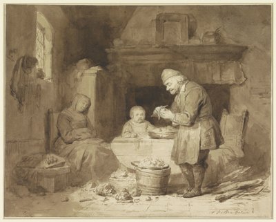 女性が眠りに落ちている間、老人はジャガイモの皮をむいています 作： Ferdinand De Braekeleer (I)