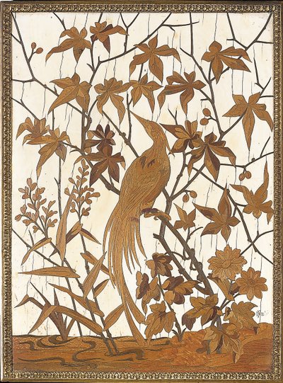 湿地帯の紅葉に囲まれたエキゾチックな鳥がはめ込まれたパネル、Maison Grioux 作： Ferdinand Duvinage