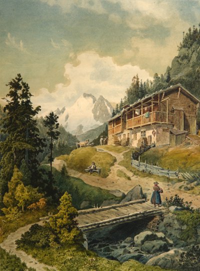 橋のある高山の風景 作： Ferdinand Gatt