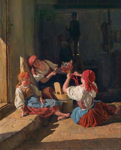 召集の帽子を飾る子供、1854年 作： Ferdinand Georg Waldmuller