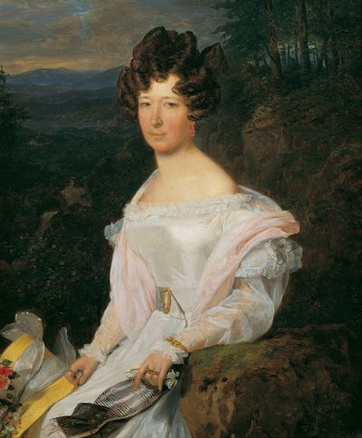 ウィーンの森の風景の前で白いドレスを着た女性 作： Ferdinand Georg Waldmuller