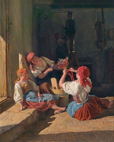 徴集兵の帽子を飾る子供たち。 Ferdinand Georg Waldmuller (1793-1865) による絵画、木に油彩 作： Ferdinand Georg Waldmuller