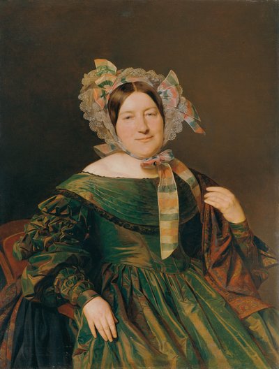 グリーン、サーモンレッドの玉虫色のドレスを着た女性 作： Ferdinand Georg Waldmuller