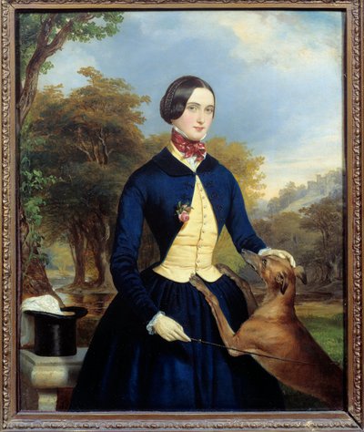 アマゾンで犬を連れた女性の肖像。フェルディナンド・ワルドミュラー（1793-1865）の絵画 Ec.Aut 作： Ferdinand Georg Waldmuller