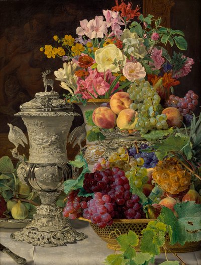 果物、花、銀のゴブレットのある静物 作： Ferdinand Georg Waldmuller