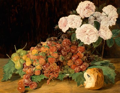 バラとイチゴとパンのある静物 作： Ferdinand Georg Waldmuller