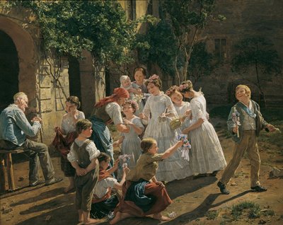ヴァルトミュラー、フェルディナンド・ゲオルグ（1793-1865）の「コーパス・クリスティの祝日の朝」。木に油彩 作： Ferdinand Georg Waldmuller