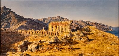 メッシーナ海峡に面したタオルミーナのギリシャ劇場の遺跡 作： Ferdinand Georg Waldmuller
