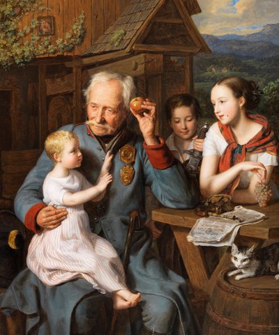 ヴァルトミュラー、フェルディナンド・ゲオルグ（1793-1865）による「子供を連れた年老いた病人」。木に油彩 作： Ferdinand Georg Waldmuller