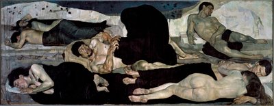 夜 裸で寝ている人たちのグループ、そのうちの一人は悪夢の中にいます。 作： Ferdinand Hodler