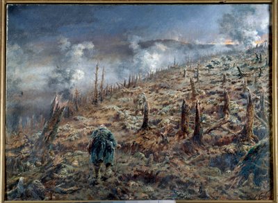 第一次世界大戦 (1914-1918): 「ヴェルダンの死の峡谷」 戦いの後の廃墟と灰の風景。 フェルディナンド ジョセフ ゲルドリー (1858-1945) による絵画、1916 年パリ。 二世界大戦博物館 作： Ferdinand Joseph Gueldry