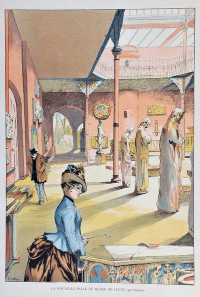 パリのクリュニー中世美術館の新しい部屋 1887年、フェルディナン・ジョセフ・ゲルドリー（1858-1945）作 「Paris-Illustrous journal weekly」に掲載された1887年のエングレーヴィング。 作： Ferdinand Joseph Gueldry