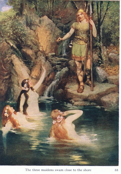 3人の乙女は、The Stories of Wagners Operasパブからのイラストのように、海岸近くで泳ぎました。 George Harrap＆Co Ltd 1932による 作： Ferdinand Lecke