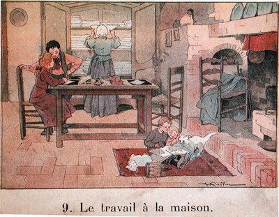 田舎での夜の仕事、学校の教科書のイラスト、1900年頃（カラーリソ） 作： Ferdinand Raffin