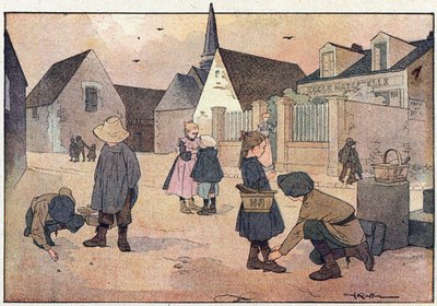 学校の外、子供の頃の絵本、1900年頃（彫刻） 作： Ferdinand Raffin
