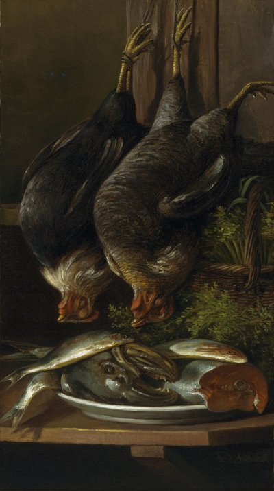 鶏と魚の静物画 作： フェルディナンド・リチャード