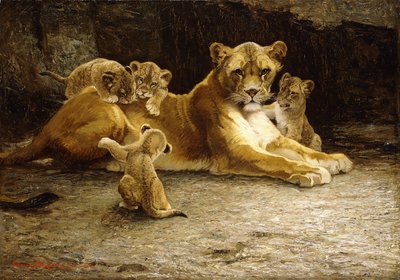 彼女の子を持つ雌ライオン 作： Ferdinand Schebek