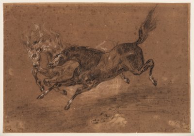 走る馬（レクト）、座った髭面の裸婦（裏面）、1800-1899年頃（黒と白のチョーク（レクト）、黒と白のチョークと茶色のウォッシュ（裏面）、茶色で準備された敷紙） 作： Ferdinand Victor Eugene (follower of) Delacroix
