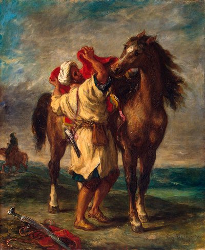 1855年、彼の馬にサドルをかけるモロッコ人。 作： Ferdinand Victor Eugene Delacroix
