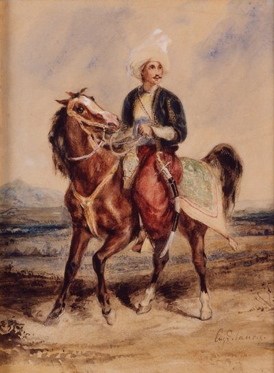 風景に馬に乗ったアラブの戦士 （水彩・紙） 作： Ferdinand Victor Eugene Delacroix