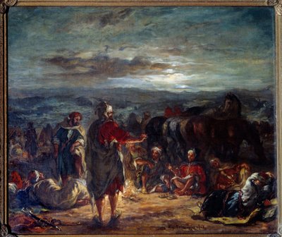 夜のアラブ人キャンプ。ウジェーヌ・ドラクロワ（1798-1863）の絵画 作： Ferdinand Victor Eugene Delacroix