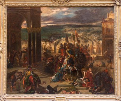 クロワーズによるコンスタンティノープルの占領、ウージェーヌ ドラクロワ (1798-1863) の絵画、第 4 回十字軍中の 1204 年 4 月 12 日の歴史的出来事を示す、1841 年のサロンの絵の縮小版と変種。 作： Ferdinand Victor Eugene Delacroix