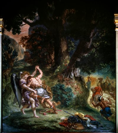 ヤコブと天使の戦い（1860年）。ウジェーヌ・ドラクロワ（1798-1863）の絵画 サン・サルピス教会 パリ 作： Ferdinand Victor Eugene Delacroix