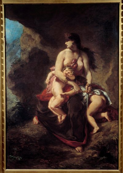 激怒したメデイー・メデイーが洞窟で二人の子供を殺害する。ウジェーヌ・ドラクロワ（1798-1863）の作品 作： Ferdinand Victor Eugene Delacroix
