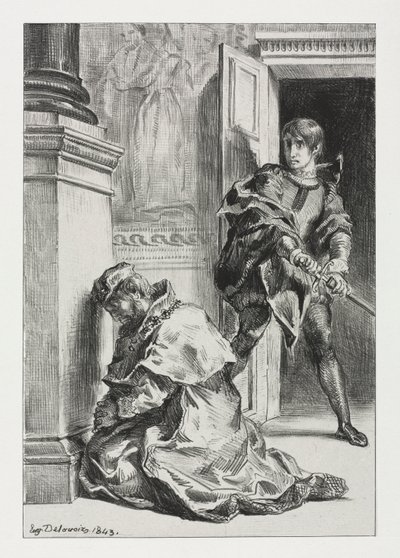ハムレット：ハムレットは王を殺そうと試みます、1843年。 作： Ferdinand Victor Eugene Delacroix