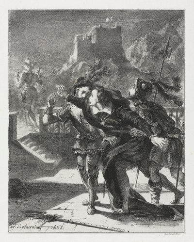 ハムレット：ハムレットは彼の父の幽霊を追うように突入する、1835年。 作： Ferdinand Victor Eugene Delacroix