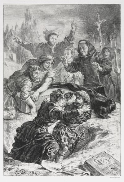 ハムレット：オフィーリアの墓のハムレットとレールテス、1843年。 作： Ferdinand Victor Eugene Delacroix