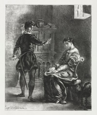 ハムレット：ハムレットとオフィーリア、1834年。 作： Ferdinand Victor Eugene Delacroix