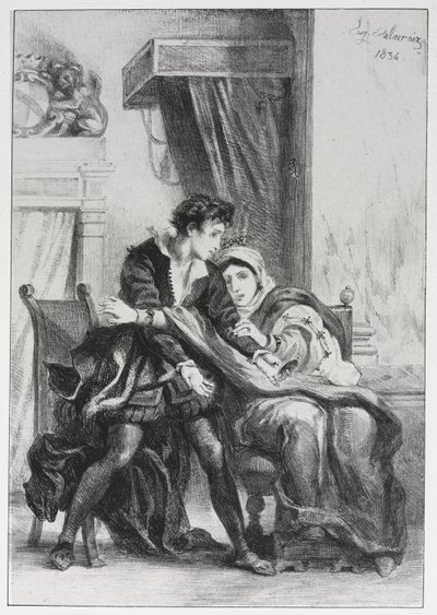 ハムレット：ハムレットと女王、1834年。 作： Ferdinand Victor Eugene Delacroix