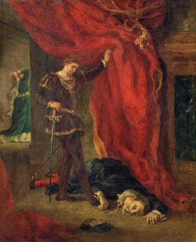 ポローニアスの死体の前のハムレット 作： Ferdinand Victor Eugene Delacroix