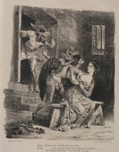 ファウストのイラスト：1828年、マルグリット刑務所のファウスト。 作： Ferdinand Victor Eugene Delacroix