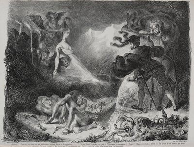 ファウストのイラスト：マルグリットの影が1828年にファウストに表示されます。 作： Ferdinand Victor Eugene Delacroix